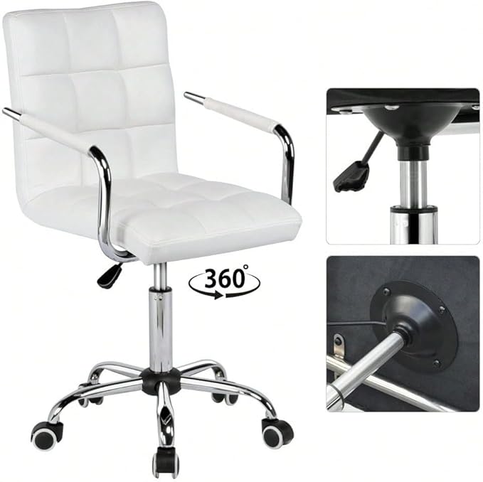Butterslay Mid-Back PU Leather Office Chair with Armrests 360° Swivel Rolling Height Adjustable Desk Chair with Lumbar Support for Home Office Bedroom White/Pink/Brown/Retro Brown (White)