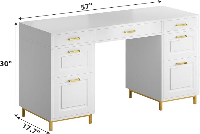 White and Gold Desk with 2 File Drawers 57 Inch Office Computer Desk with 7 Drawers White Desk with Storage Wooden Executive Desk for Office Workspace for Work Study Writing