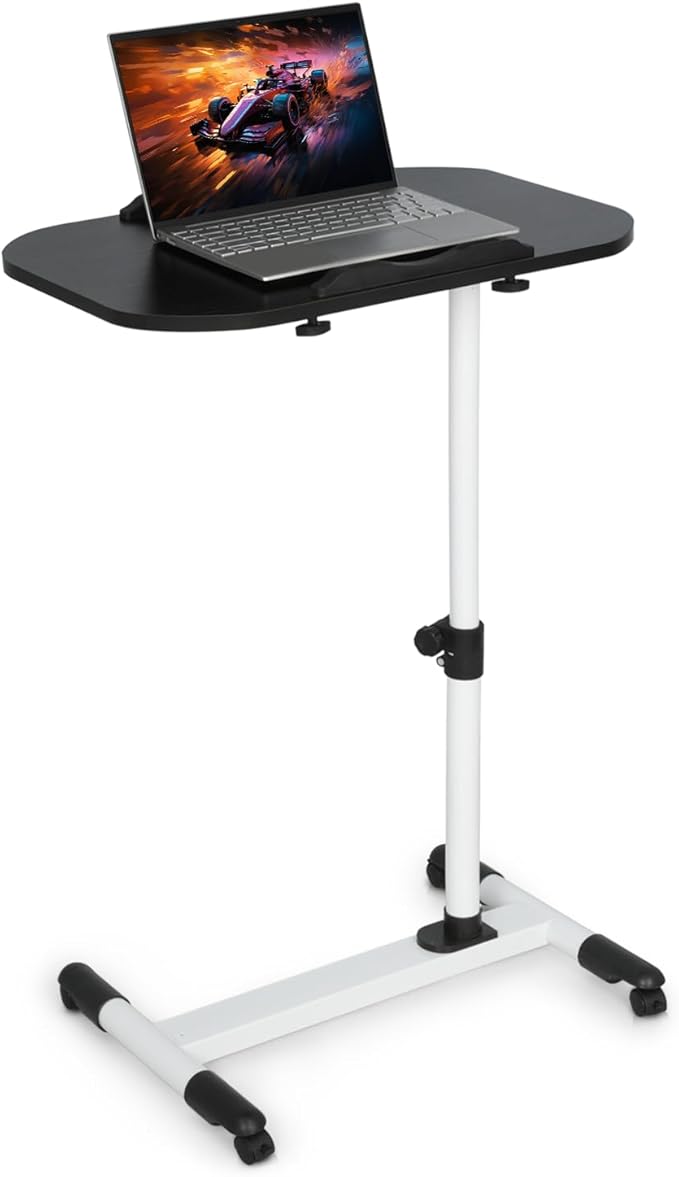 Mobile Standing Desk Adjustable Height Computer Desk with 360° Rolling Casters Tilting Overbed Table for Home Office and School White