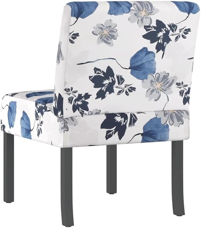 BOWERY HILL Floral Polyester and Solid Wood Slipper Chair Blue and White Upholstered Seat 25.2 x 18.9 x 28.3 in Comfortable Reversible Cushion Modern Accent Chair for Living Room or Bedroom Use