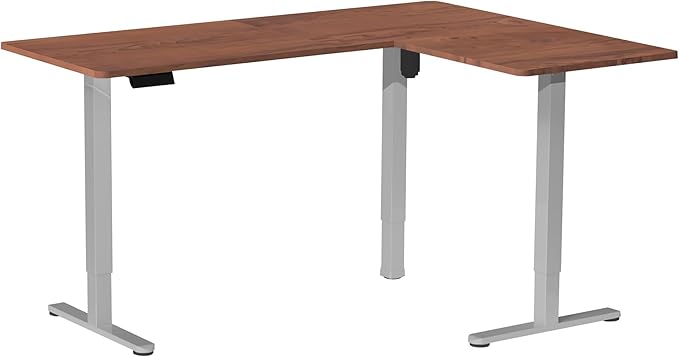 VIVO Corner Standing Desk 63 x 55 inch Reversible L-Shaped Workstation Electric Height Adjustment Home Office and Reception Rooms Dark Walnut Table Top Gray Frame DESK-E3CTGD