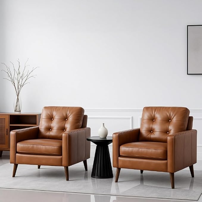 Wahson Accent Chairs Set of 2 Faux Leather Tufted Single Sofa Brown Oversized Club Chair Mid Century Modern Armchair with Wood Legs for Reading/Living Room/Bedroom