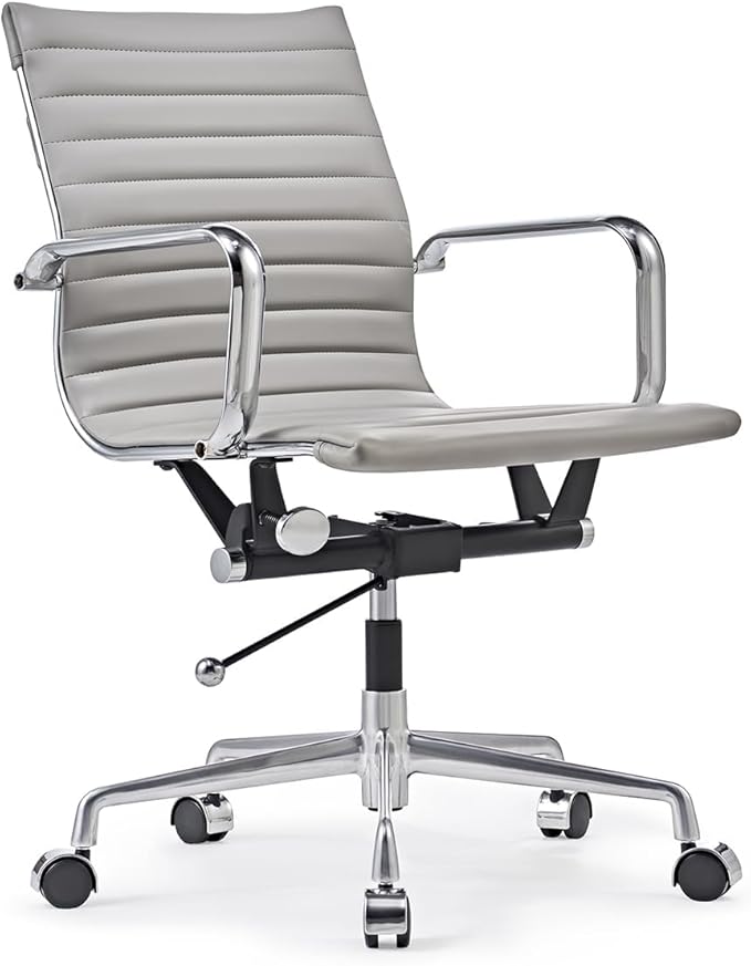 Mid Back Support with Arm Rest Office Ergonomic Adjustable Swivel Vegan Leather Desk Receptionist Chairs -Grey