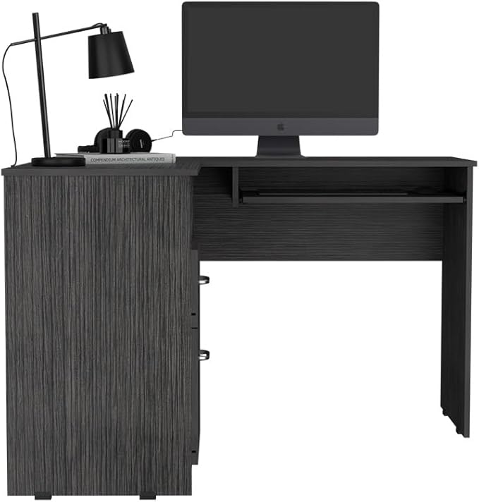 L-Shaped Corner Desk with Keyboard Shelf Smokey Oak Gray - Compact Home Office Workspace