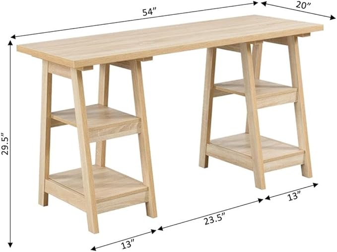 Pemberly Row Modern Double Trestle Desk Natural Wood Finish 54 in x 20 in x 29.5 in Particle Board and MDF Spacious Desktop with 4 Shelves Home Office Desk for Studying or Working from Home