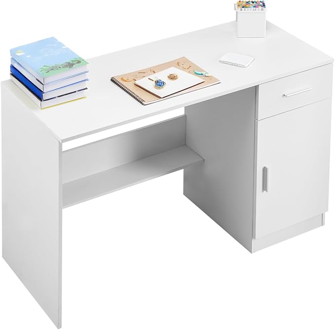 VEVOR Small Desk with Drawer Kids Desk for Bedroom Wooden Simple Study Table for Drawing Reading Writing Rectangle MDF Study Storage Table with Adjustable Shelf for Home Office White