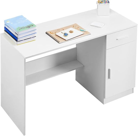 VEVOR Small Desk with Drawer Kids Desk for Bedroom Wooden Simple Study Table for Drawing Reading Writing Rectangle MDF Study Storage Table with Adjustable Shelf for Home Office White
