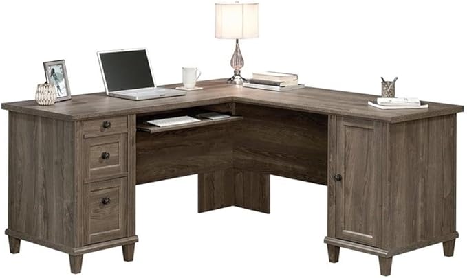 Pemberly Row L-Shaped Engineered Wood Computer Desk Emery Oak Finish 65 in x 65 in x 30 in Durable 1 in Thick Top Slide-Out Keyboard Shelf 3 Drawers Adjustable Shelf Home Office Desk