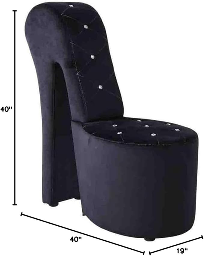 Pemberly Row Modern Velvet High Heel Shoe Chair 19 in Wide Black Finish Glamorous Accent Chair with Crystal Studs and Manufactured Wood Frame for Living Room or Bedroom Decor