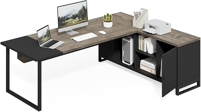 LITTLE TREE 70.8 Inches Executive Desk and 55 Inches File Cabinet Combo Large L Shaped Computer Desk with Storage Cabinet and Shelves Modern Business Furniture for Home Office Grey &amp Black
