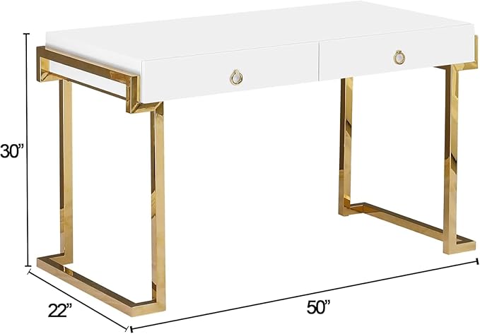 First of a Kind Juneau Modern Gloss Lacquer Computer Desk - Home Office Desk with Drawers - Writing Desk for Luxurious Touch - Versatile PC Desk White/Gold