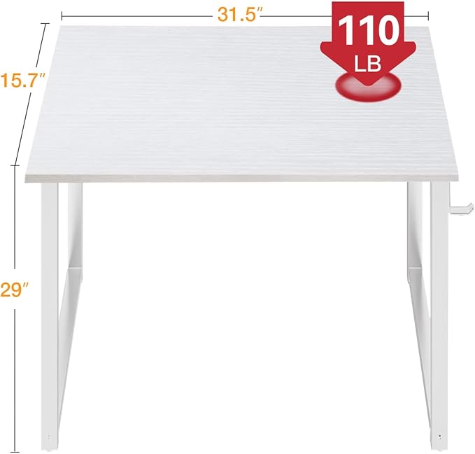 Casaottima 32 Inch Small Computer Desk for Home Office Study Writing Table for Small Spaces Simple Modern Desk with Headphone Hooks Pure White
