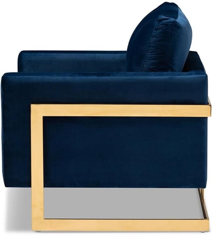 BOWERY HILL Velvet Accent Chair Royal Blue Upholstery Gold-Tone Stainless Steel Frame 34.3 H x 31.5 W x 33.9 D Removable Cushions Glam Modern Style Armchair for Living Room or Lounge Use
