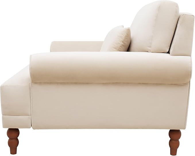 Beige Velvet Accent Arm Chair with Solid Wood Legs | Ergonomic Lumbar Support Cozy French Country Chic Large Lounge Chair for Living Room Bedroom Study
