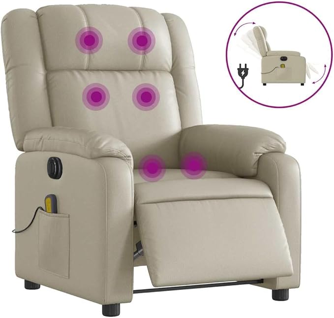 vidaXL Cream Electric Massage Recliner - Faux Leather Wingback Armchair with Vibration Sturdy Frame Electric Reclining Function for Living Room/Office