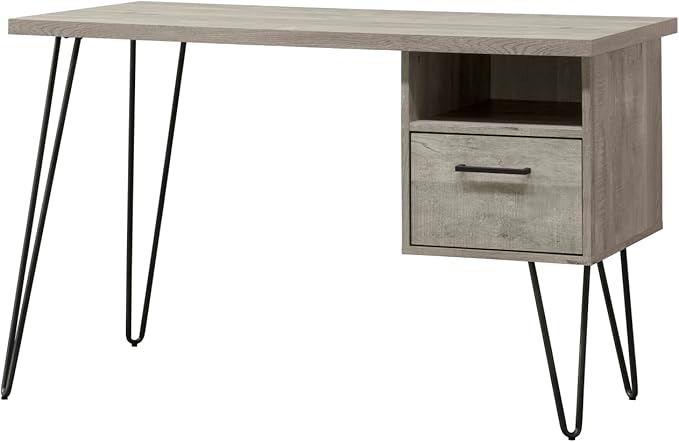 Grey Oak Writing Desk with Storage Home Office Compact Desk Modern Minimalist Gray Wash Wooden and Metal Frame