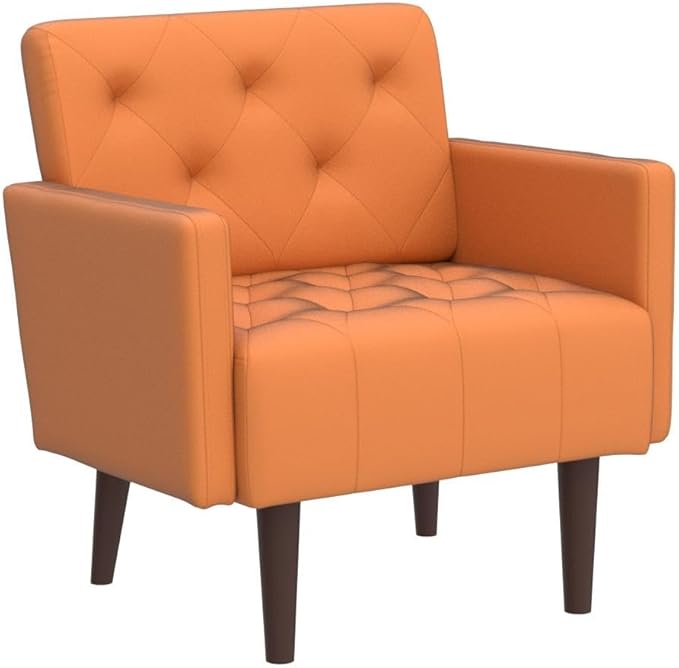 Leather Accent Chair Mid Century Modern PU Leather High Back Armchair for Living Room Chairs with Solid Wood Legs for Small Spaces Bedroom Office (Orange 29.1 x 25.6 x 31.1)