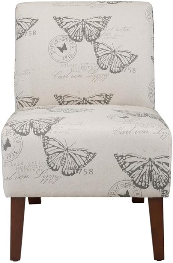 Riverbay Furniture 17.5'' Slipper Chair Gray Butterfly Linen Upholstery Eucalyptus Wood Frame Dark Espresso Legs Contemporary Animal Print Accent Chair Stylish Seating for Living Room or Bedroom