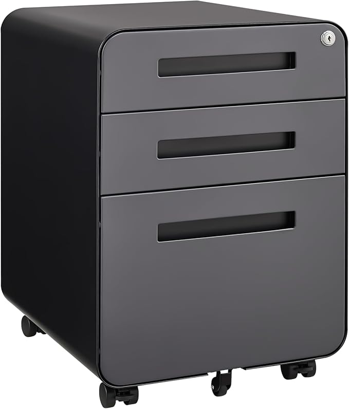 3 Drawer Small File Cabinet with Lock Under Desk Locking Storage Cabinet Organizer for Home Office Mobile Filing Cabinets with 5-Wheel DesignDarkgrey