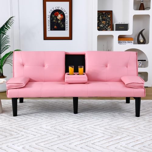 Convertible Folding Futon Sofa Bed with Metal Legs &amp 2 Cupholders Modern New Upholstered Couch Loveseat Sleeper Folding Couches Bed Removable Armrests for Small Spaces (Pink)