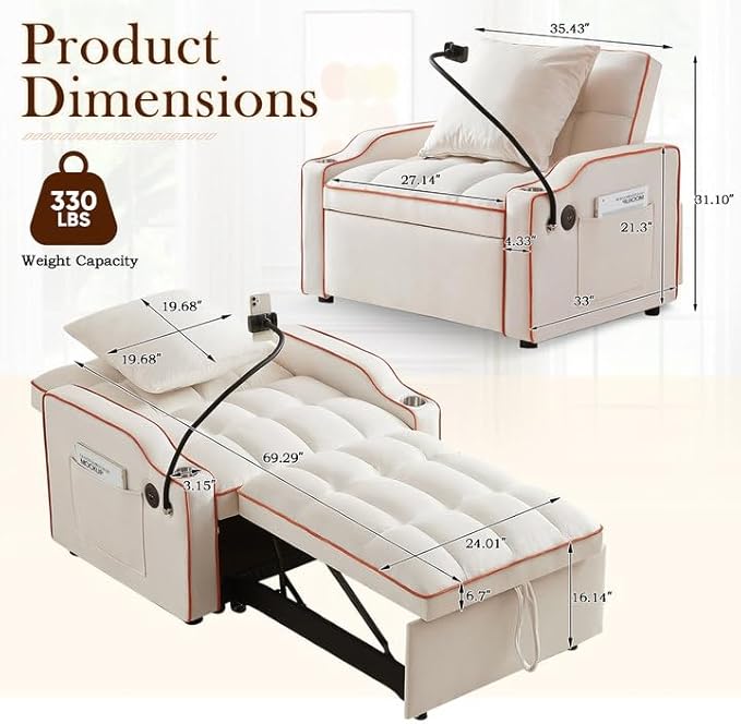 SLEERWAY 3-in-1 Convertible Futon Sofa Bed Chair Multi-Functional Sleeper Chair Bed with Pull Out Couch and Adjustable Backrest Modern Velvet Chaise Lounge Armchair for Living Room Bedroom Beige