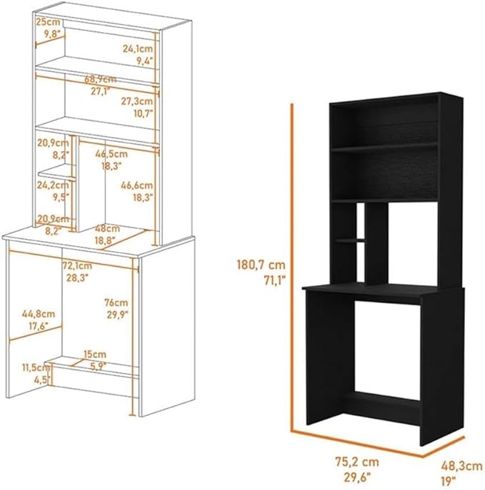 Pemberly Row Modern Computer Desk with Hutch Engineered Wood Black Finish 24.8 W x 17.8 D Surface 29.9 H Legroom Footrest 2 Drawers 2 Shelves Space-Saving Home Office Desk