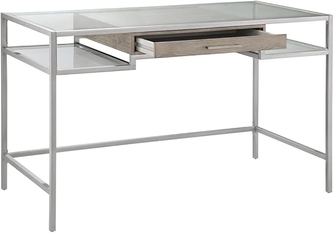 Adela Writing Desk - Silver Metal Tempered Glass Top Compact Home Office