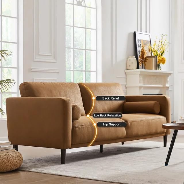 HIFIT 79 Sofa Couches for Living Room Mid-Century Modern Decor Faux Leather Couch with Deep Seat&ampCloud Cushions&amp2 Pillow 3 Seater Home Sofa Living Room Brown Loveseat for Office Bedroom Ap