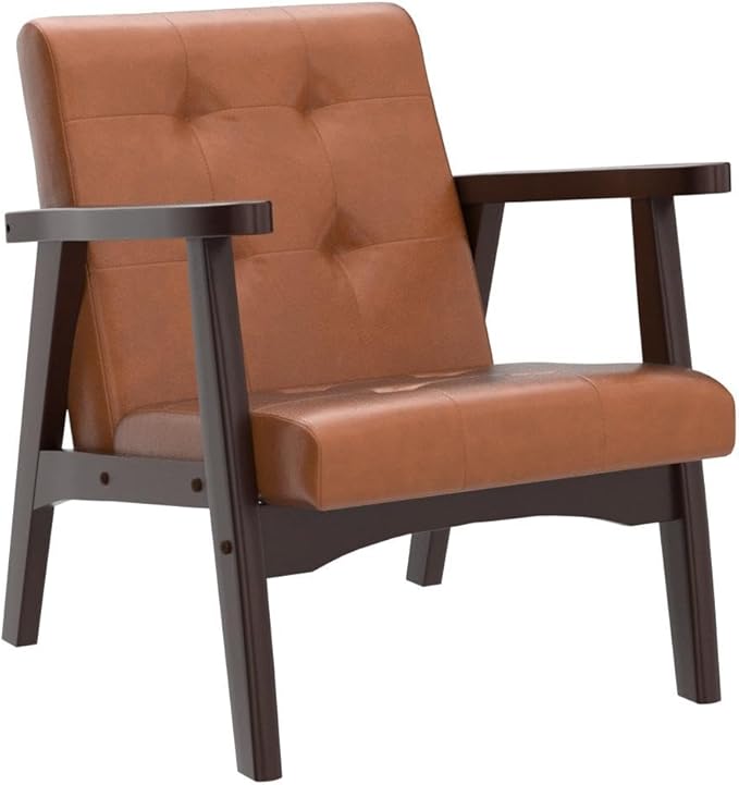 Bonzy Home Mid Century Modern Accent Chair for Living Room Upholstered Faux Leather Armchair Comfy Retro Bedroom Side Chair with Solid Wood Frame Orange