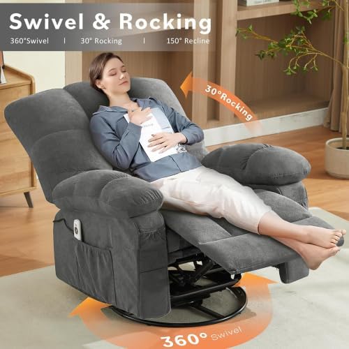 Oversized Recliner Chair for Adults w/ 8-Point 3D Kneading Massage and Lumbar Heating Swivel Rocker Recliner w/USB Charge Port for Living Room Ergonomic Lazy Boy Single Sofa Chair (Gray New)