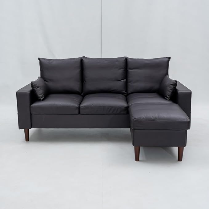 Panana Sectional Sofa Modern Deep 3-Seat Sofa Couch with Ottoman Upholstered Furniture for Living Room Apartment Studio Office (Black Artificial Leather Track Arms)