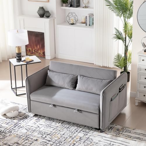 3 in 1 Pull Out Sofa Bed Convertible Loveseat Couch with Side Pockets Velvet Fabric Sleeper Sofa Bed with Adjustable Backrest for Living Room Bedroom Apartment RV Gray