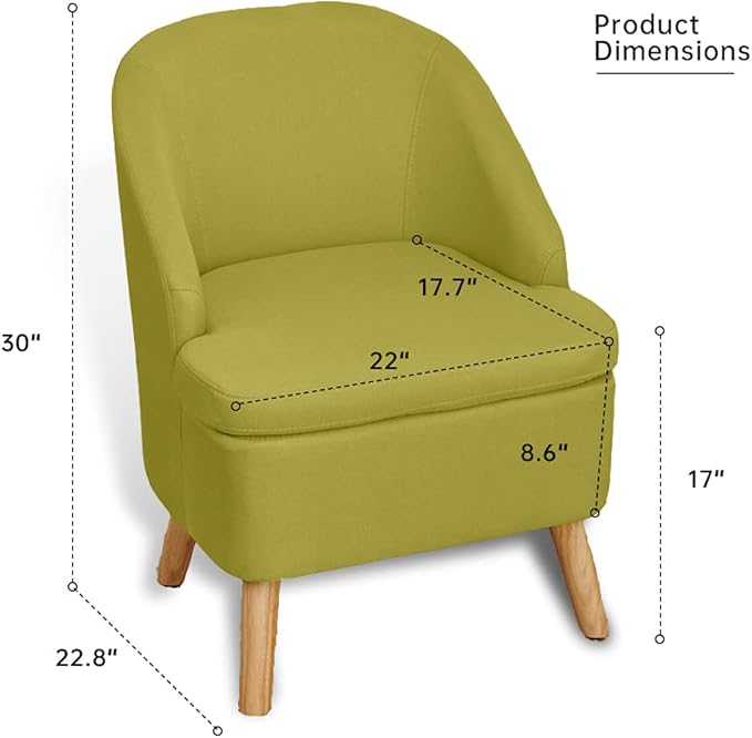 Cute Upholstered Accent Club Green Chair with Barrel Style Cotton Linen Like Fabric Round Single Sofa for Wooden Leg Living Room BedroomLarge