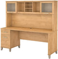 Pemberly Row 72W Office Desk with Hutch Maple Cross Finish Spacious Work Surface Frosted Glass Doors Adjustable Shelves Full-Extension File Drawer Home Office Desk for Storage and Organization