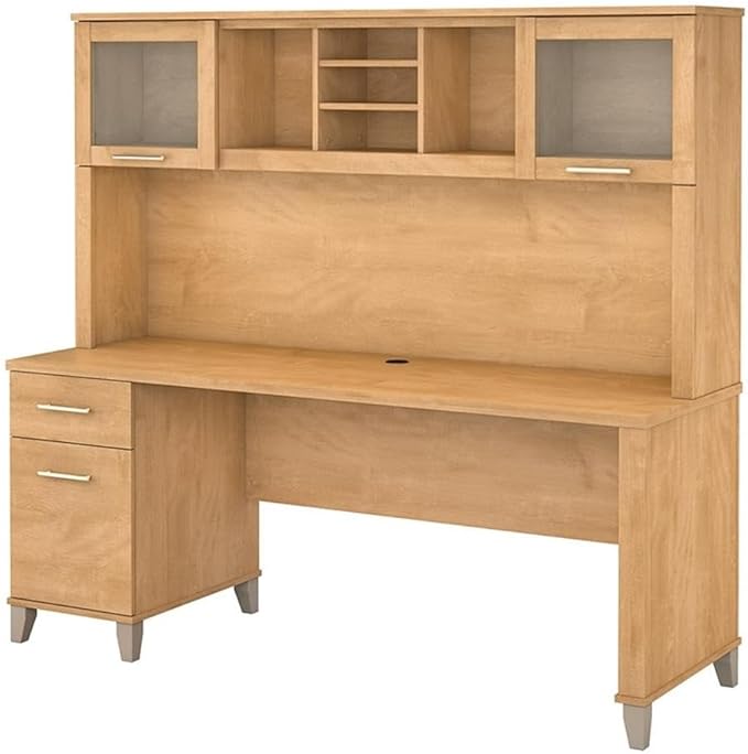 Pemberly Row 72W Office Desk with Hutch Maple Cross Finish Spacious Work Surface Frosted Glass Doors Adjustable Shelves Full-Extension File Drawer Home Office Desk for Storage and Organization