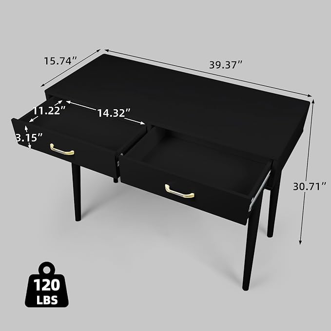 Small Black Desk with 2 Drawers Modern Writing Desk for Small Spaces Home Office Desk for Study Laptop Computer Desk for Work Makeup Vanity Table for Bedroom (Jet Black)