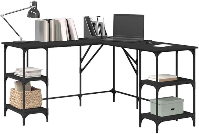 Large Black Engineered Wood Corner Desk Industrial Style Adjustable Feet Computer Desk for Home Office Study Dorm Room