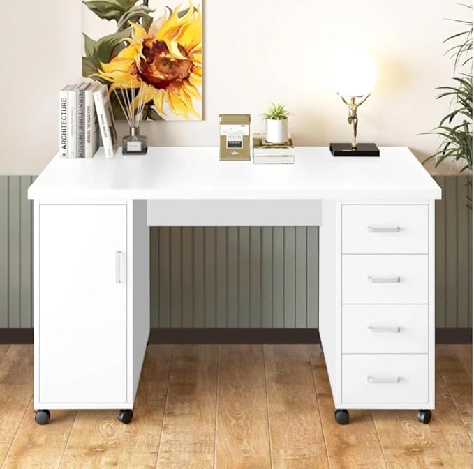 Computer Desk Writing Desk with Lockable WheelsModern Wood Study Desk with 4 Drawers for Home Office Workstation (White)