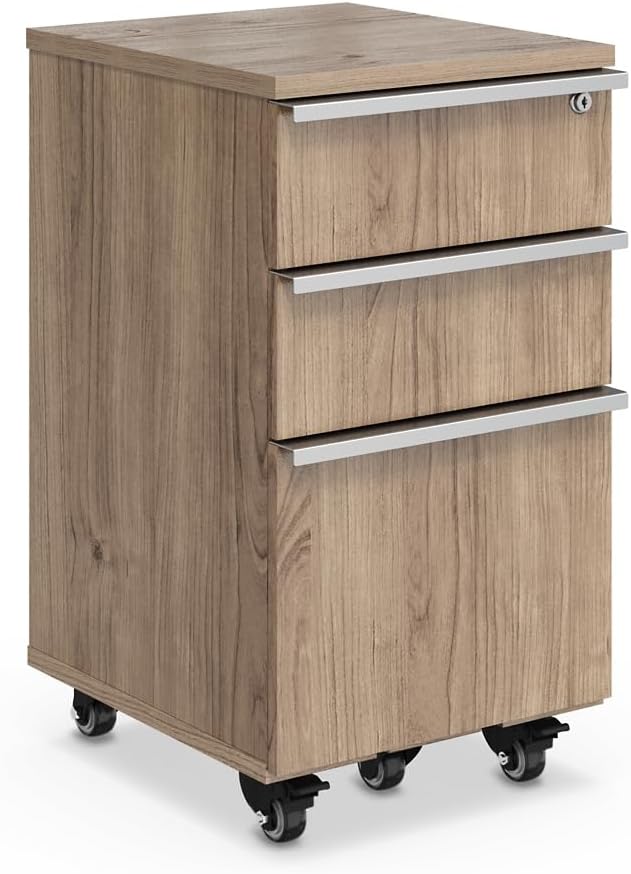 NBF Three-Drawer Mobile Pedestal Storage - Southern Walnut | Rolling Cabinet Brushed Nickel Hardware Secure Storage