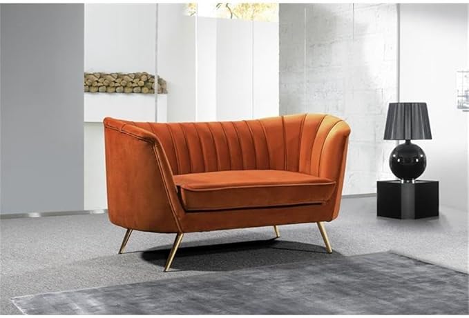 Meridian Furniture Margo Collection Modern | Contemporary Velvet Upholstered Loveseat with Deep Channel Tufting and Rich Gold Stainless Steel Legs Cognac 65 W x 30 D x 33 H