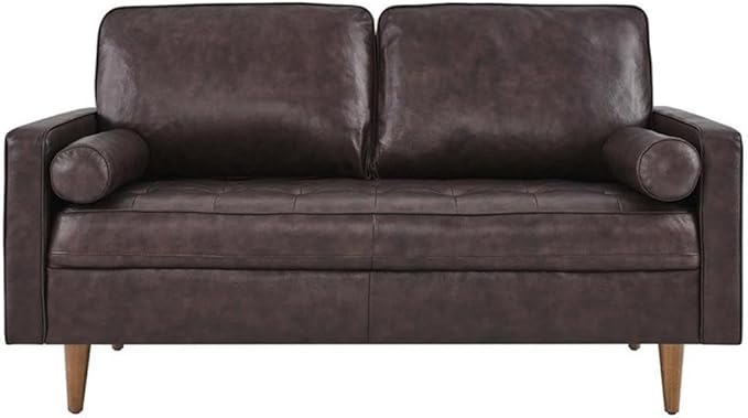 Pemberly Row Modern Leather Loveseat Dense Foam Padding Brown Finish Top Grain Upholstery 61.5 W x 32 D x 33.5 H Biscuit Tufting Walnut Stained Wood Legs Compact Living Room or Apartment
