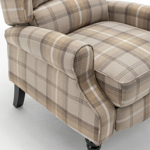 Upholstered Wingback Recliner Chair Plaid Recliner Chair Armchair Adjustable Footrest Push Back Reclining Sofa Mid-Century Modern Lounge Armchair for Living Room Bedroom Reading -- Natural