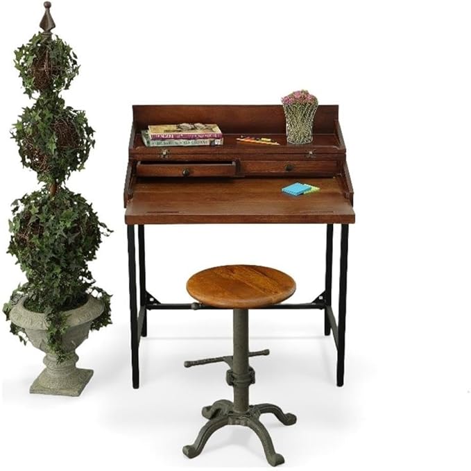 Pemberly Row Hidden Storage Writing Desk Rustic Mango Wood Chestnut Stain Black Metal Frame 31 in x 22 in Foldable Top Industrial Style for Home Office Dorm or Den Use