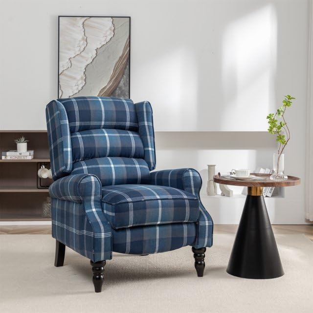 Upholstered Wingback Recliner Chair Plaid Recliner Chair Armchair Adjustable Footrest Push Back Reclining Sofa Mid-Century Modern Lounge Armchair for Living Room Bedroom Reading - Blue