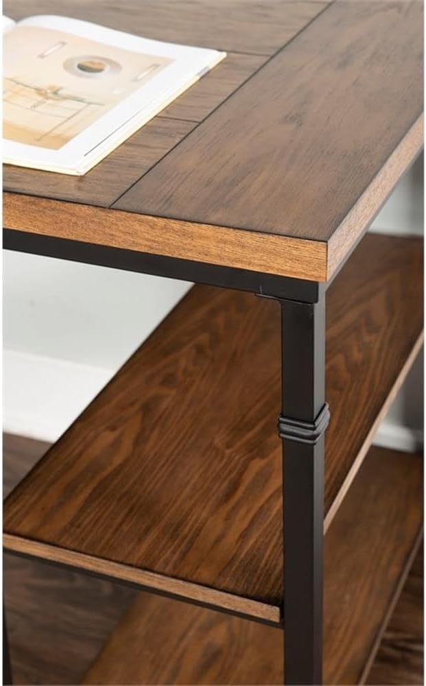 UrbanPro Transitional Wood Desk with 2 Shelves 45W x 26D x 30H Ash Veneer and Metal Brown Stained and Black Finish Rustic Industrial Style Sturdy Home Office Desk for Work Essentials Storage