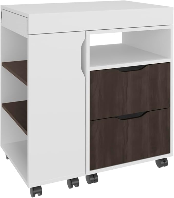 54 Wide Two Drawer Expandable Desk Home Office Desk with Seven Shelves and Casters for Home Office White - Dark Walnut