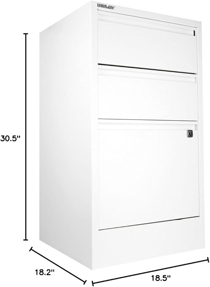 Bisley 3-Drawer Flush Front Vertical File Cabinet - Traffic White 2 Utility Drawers + 1 Hanging File Drawer Powder-Coated Steel Locking Bottom Drawer