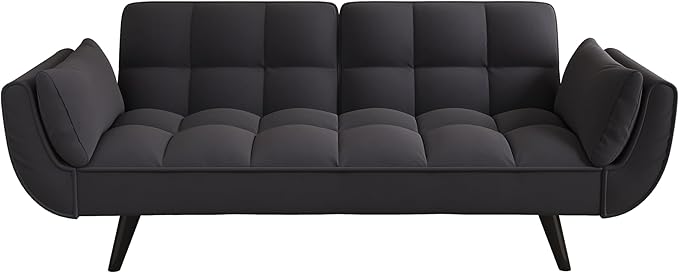 Olela Futon Sofa Bed Convertible Sleeper Couch 74 W Modern Velvet Loveseat with Adjustable Backrests and Solid Wood Legs for Living Room Bedroom Small Space (Black)