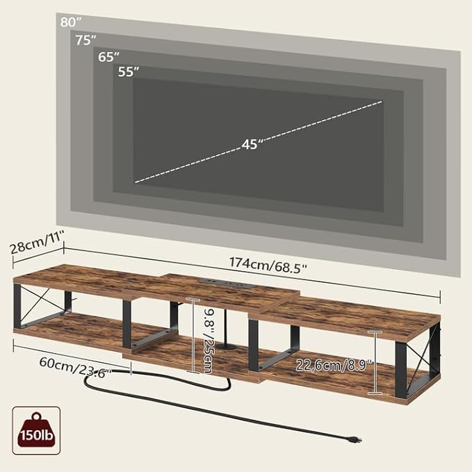 68.5 Floating TV Stand with Power Outlet Wall-Mounted Entertainment Center for 75+ inch TV Floating Media Console Shelf for Under TV Storage Living Room Bedroom Rustic Brown TVHR103E01