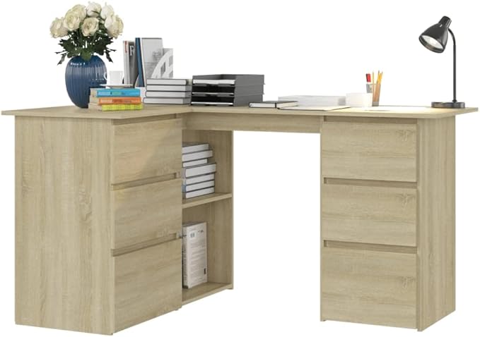 L-Shaped Writing Desk Corner Computer Desk with Drawer and Shelves 57.1in Study Table Workstation for Home Office Multipurpose PC Laptop Table Work Table Office Desk (Brown)